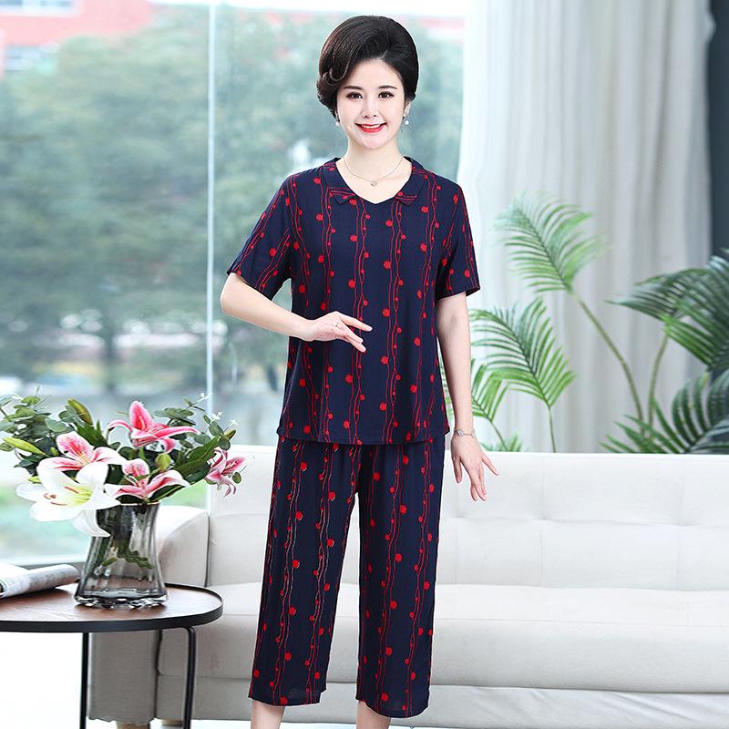 

Хлопковый летний комплект большого размера: Футболка с коротким рукавом и брюки длиной семь восьмых для женщин среднего возраста 5XL