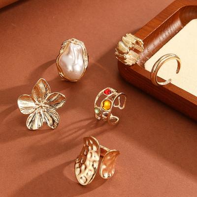 Retro Imitationsperlenring Schmuck Damen Leichter Luxus High-End Barock Übertriebener Blumenring Überzug