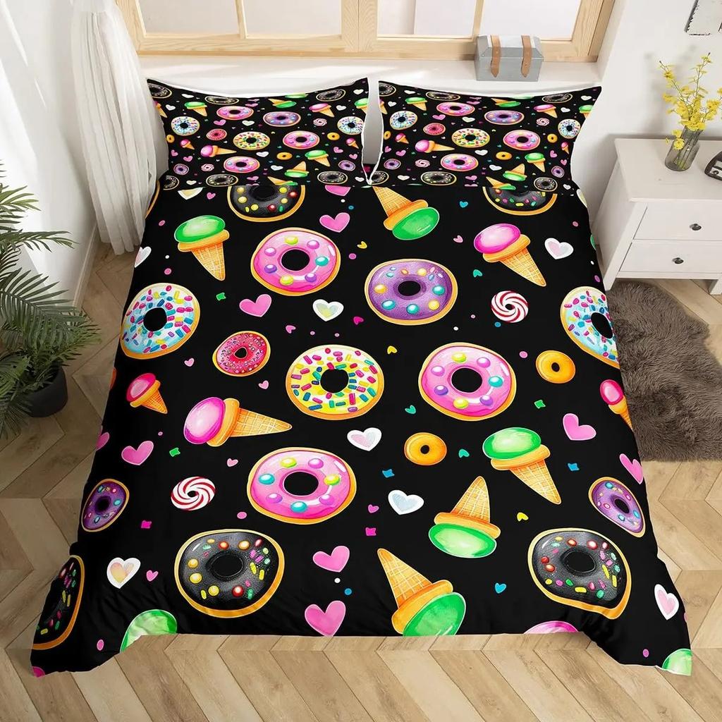 Donuts Bedding Duvet Cover Chocolate Doughnut Bedding Set Black White Comforter Cover Microfiber Whimsical Dessert Quilt Cover