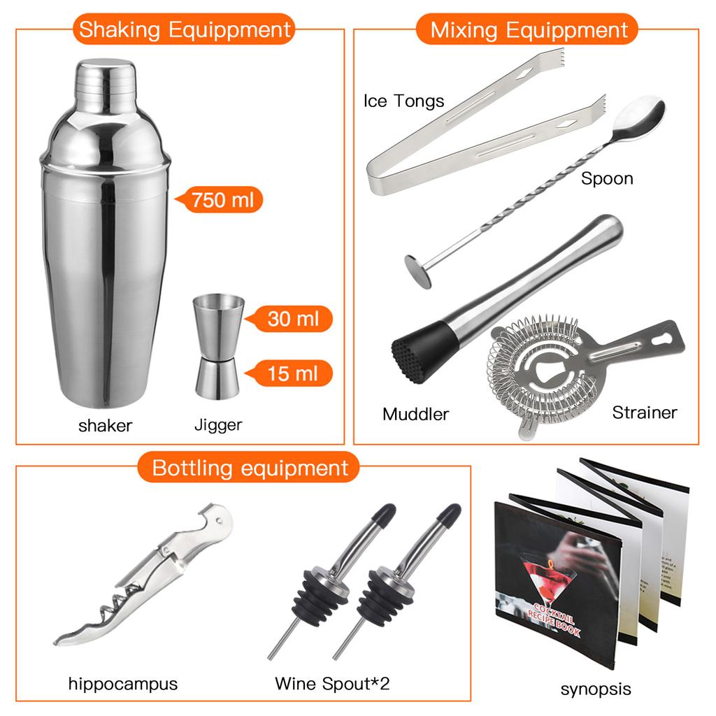 Edelstahl Rauten Bambusrahmen Shaker Set Bar Shaker Set 10-teiliges Cocktailshaker Set