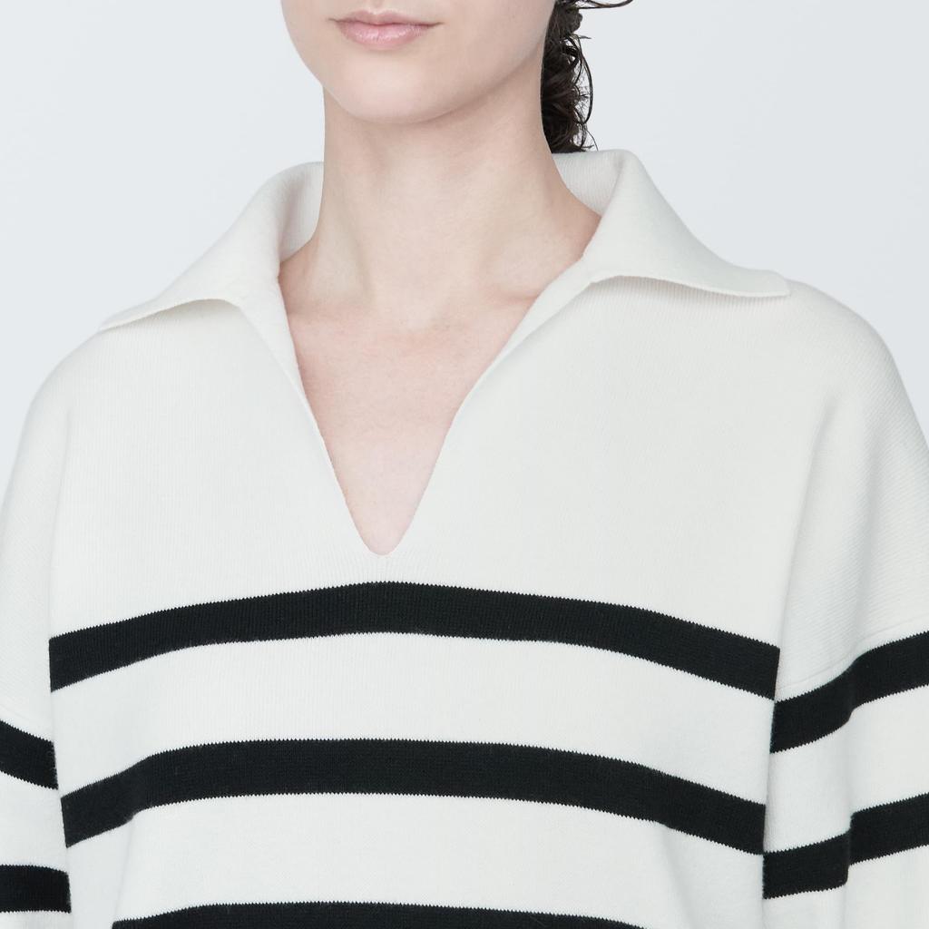 MUJI Washable Milan Rib Knit Skipper Polo White Size BA1OOA4S Women's Sweater, Striped, XS,