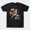 Men Black Print T-shirt Vintage Cedar Waxwing With Deep Pink Spring Flowers No-Cut Heat Transfer Print Cotton Tshirt