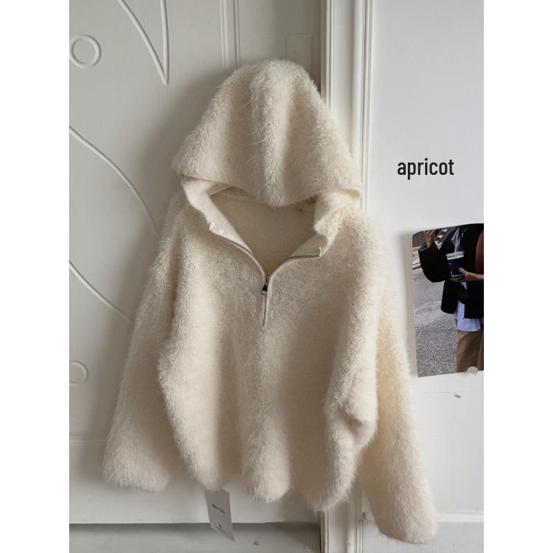 Korean Red Lambswool Brushed Half-Zip Hooded Knit Pullover Sweater for Women - Autumn/Winter Fashion.