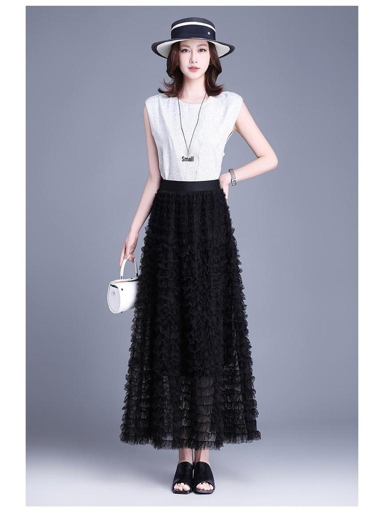 Elegant Mesh Fluffy Cake Skirt - Spring 2026 A-Line Midi with Wide Hem