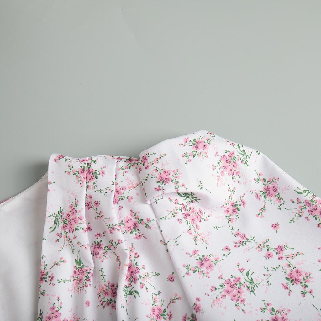 Summer New Women's V-neck Structured Shoulder High Waist Long Floral Print Short Sleeve Dress, European & American Style