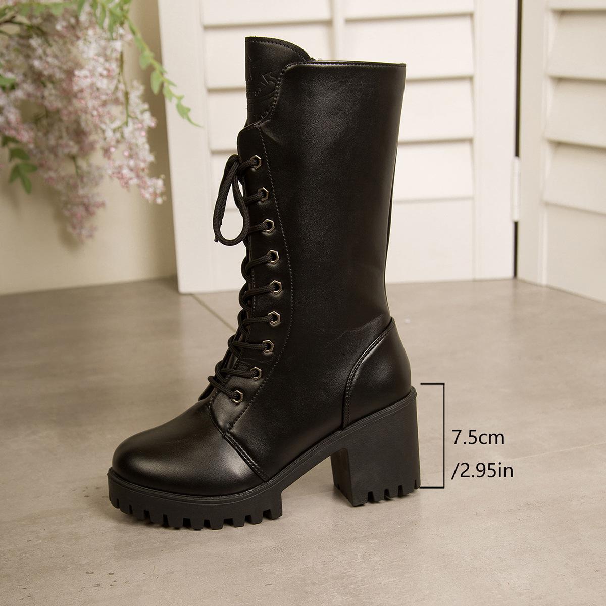 

Autumn Women s Mid Calf Boots Chunky Heel Round Toe Platform Boots Black Leather Side Zip Botas Mujer Large Size 35-43 Fashion 35