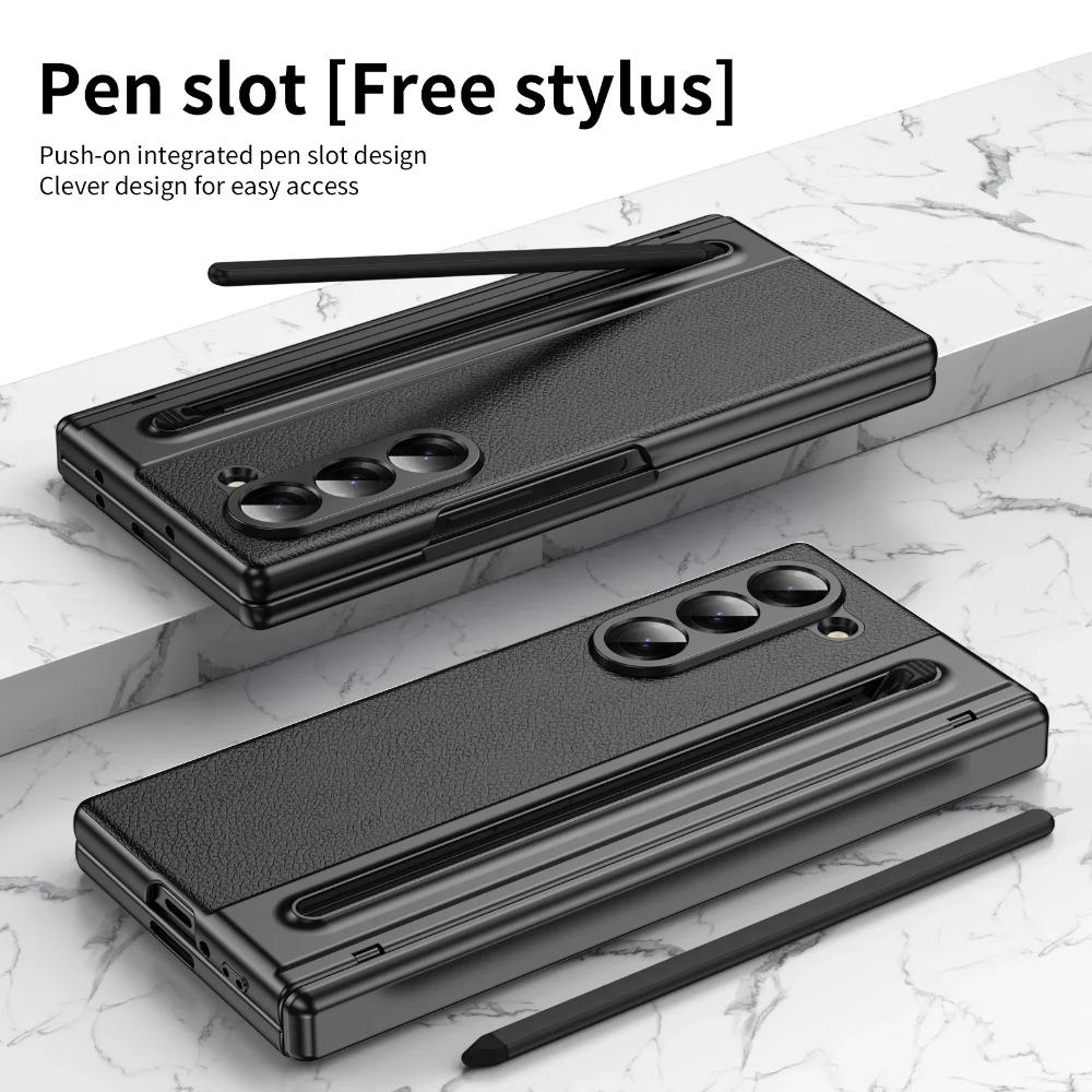Luxury Plating Matte AG Pen Slot Leather Case For Samsung Galaxy Z Fold 7 6 5 4 3 Screen Film Hinged Shockproof Protector Cover