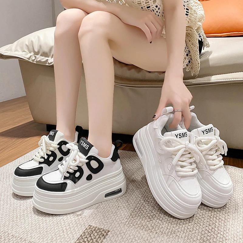 Fashion 8CM High Platform Shoes Women Spring Autumn Chunky Sneakers Designer Thick Sole Leather Sports Shoes Breathable Sneakers Woman
