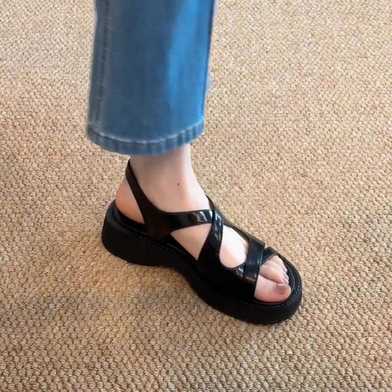 

Fashion Comfortable Leather Med Heels Sandals 2025 Women s Platform Wedges Sandals Office Mom Daily 35 чёрный