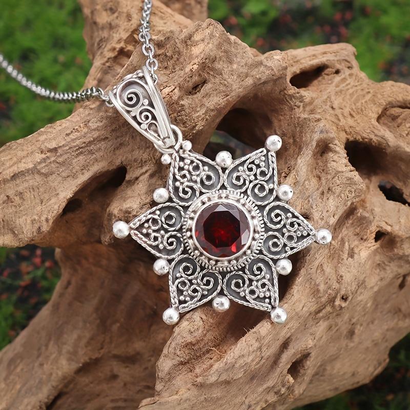 

Exquisite Red Zircon Hexagonal Petal Sunflower Pendant Necklace Women S Fashion Exquisite Party Clavicle Chain Jewelry Gifts