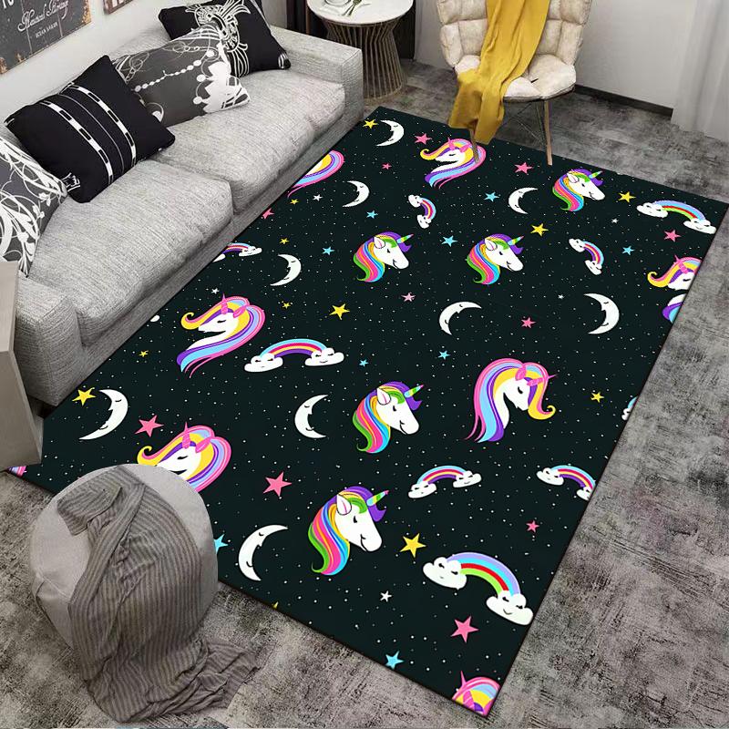 Colorful Unicorn Pattern Carpet with Stars, Moons, and Rainbows Design Suitable for use as an anti-slip for living room bedroom sofas