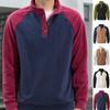 Men's Color Block Polar Fleece Sweatshirt, Stand Collar Button Placket Pullover, Heavyweight Raglan Sleeve Casual Top