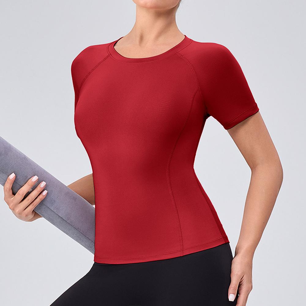 Women Slim Fit Yoga Short Sleeve T-shirt High Elastic Quick Dry Round Neck Top Breathable Slimming Gym Sports Running Shirt
