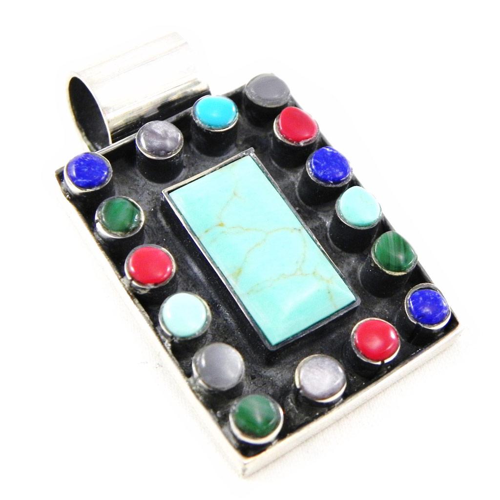 Les Trésors De Lily [D5864] - Silver 'Mosaic' Turquoise Pendant