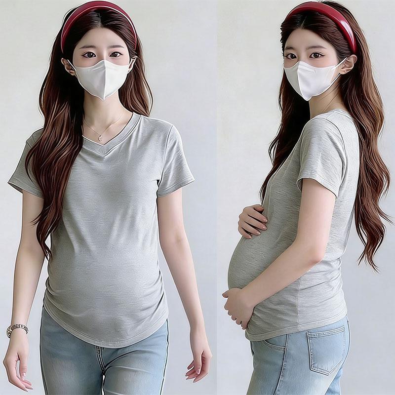 Maternity V-Neck Short Sleeve Pleated T-Shirt - Loose Fit, Belly-Covering, Solid Color, Summer Style