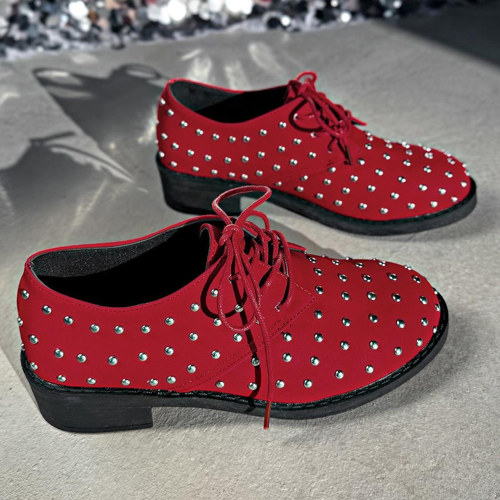 2025 spring and autumn new lace-up low-top large-size solid color light-mouth rivets women's fashion casual shoes