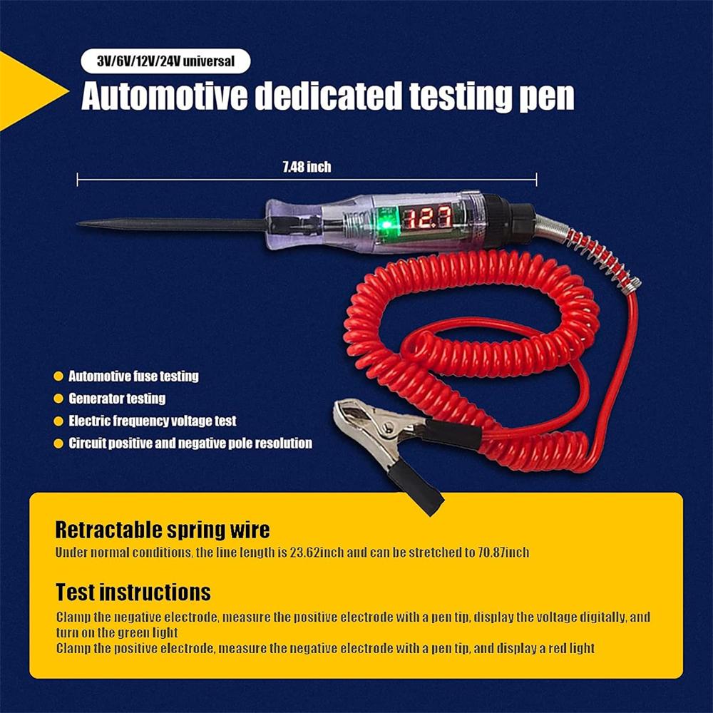 1 KS LED digitálny tester obvodov pre auto, DC 3V/6V/12V Indukčná testovacia ceruzka so 70,8" sťahovacím pružinovým káblom, na kontrolu auta, nákladného auta, motocykla