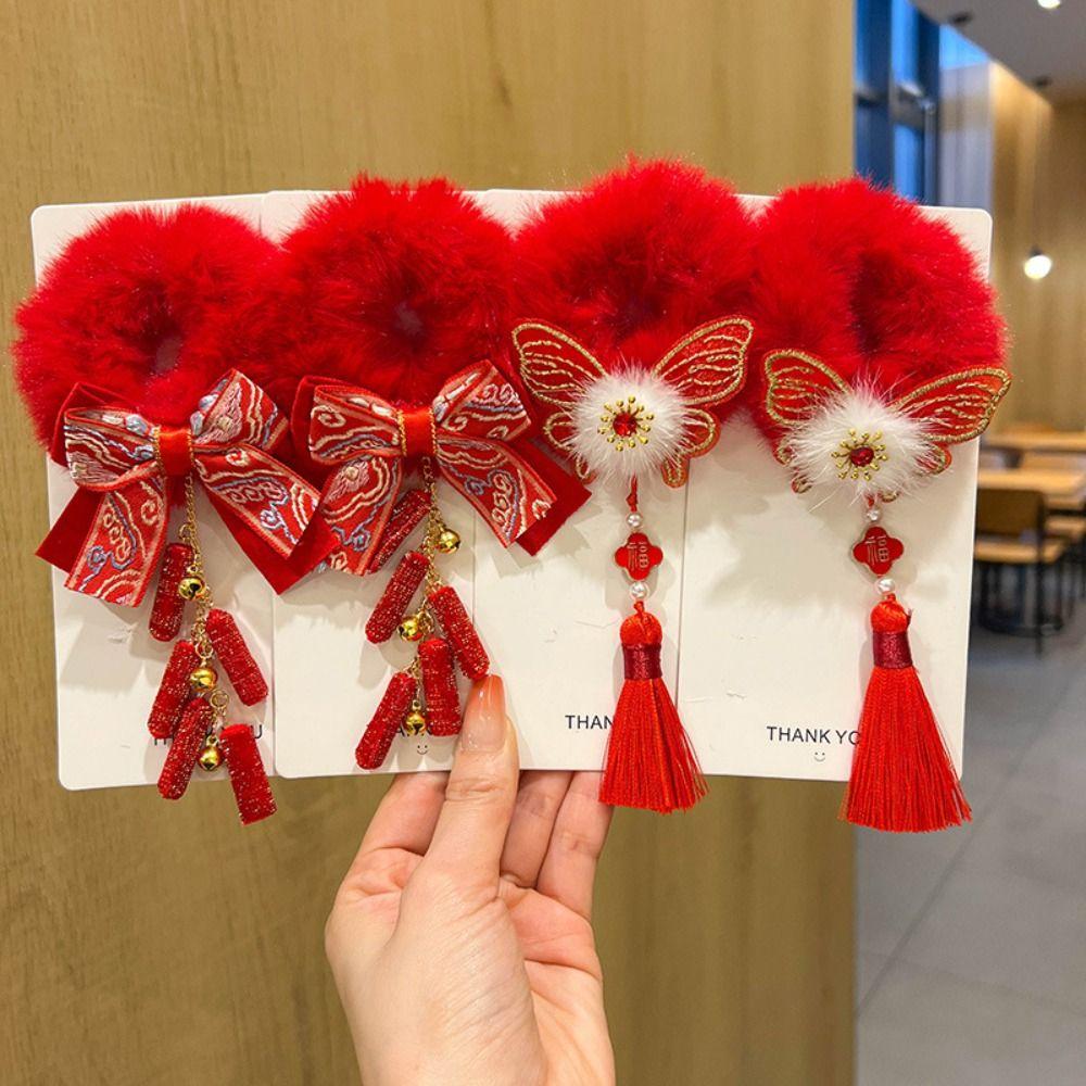 Tang Suit New Year Hair Rope Hanfu Headwear Red Bow Hair Ring Children's New Year Headwear Winter