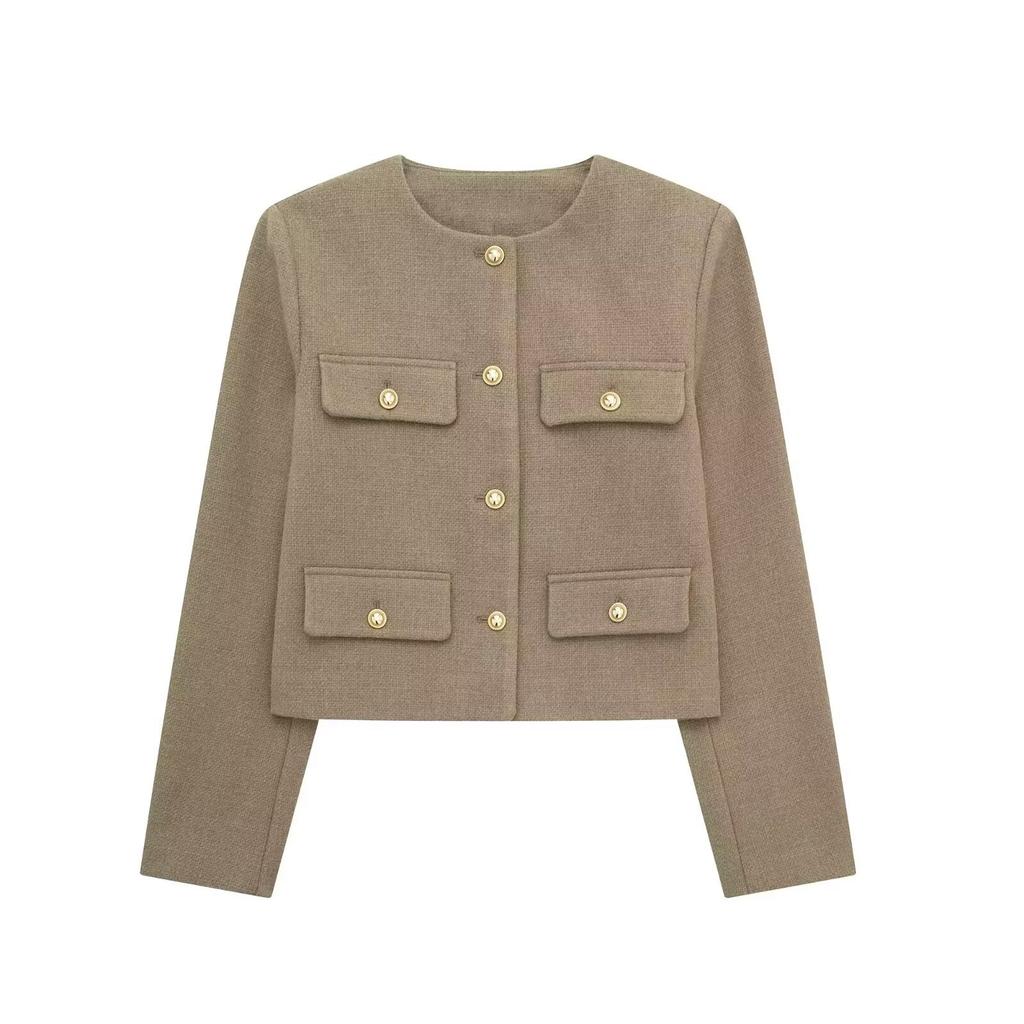Women's Fashion and Casual Versatile Round Neck Flip Decoration Short Suit Coat Plus Size