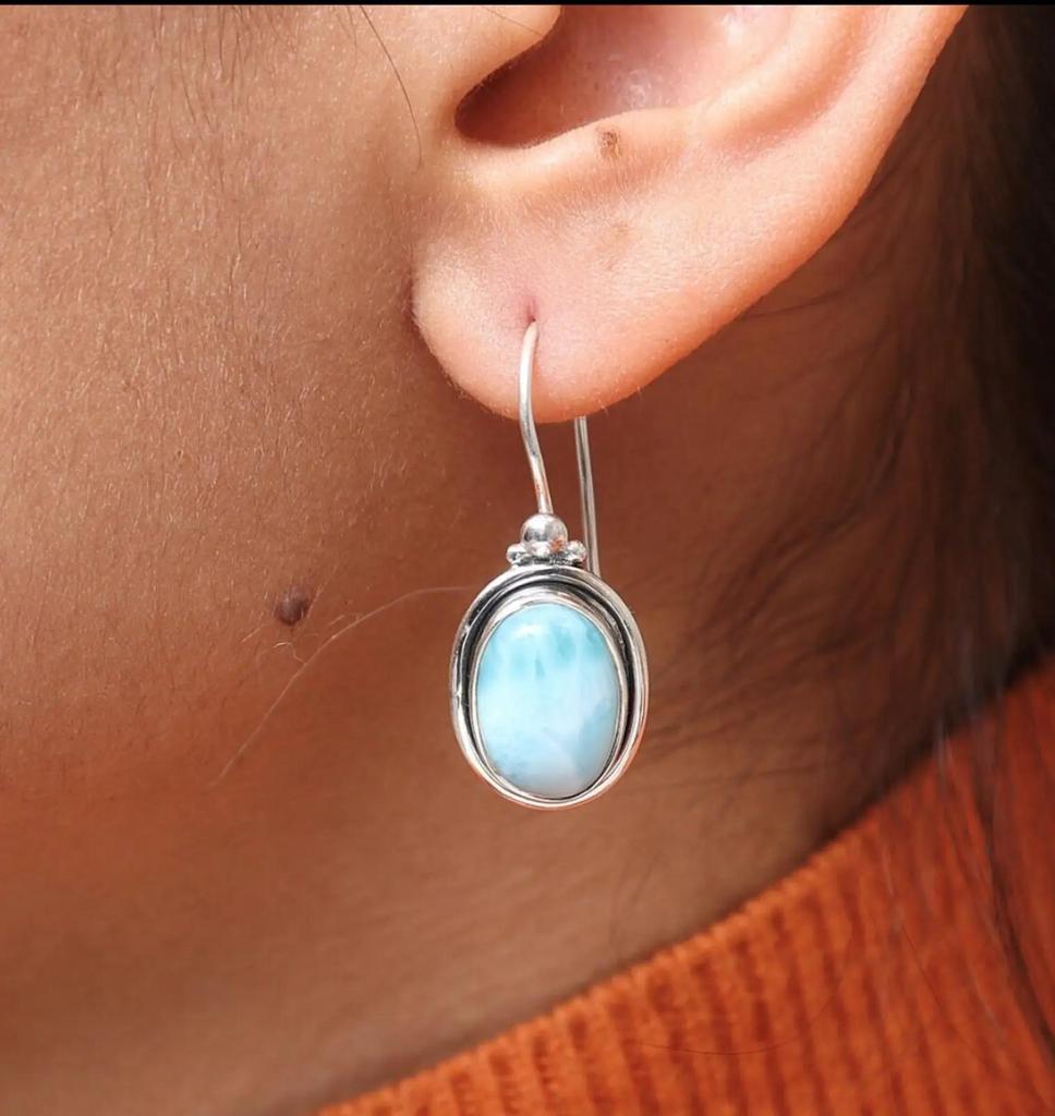 Natural Larimar Gemstone 925 Sterling Silver Handmade Designer Earring