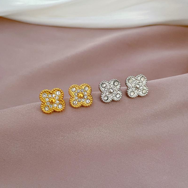 Full Diamond Lucky Grass Minimalist Stud Earrings Cold Men'S And Women'S Earrings Personality Temperament Banquet Earrings