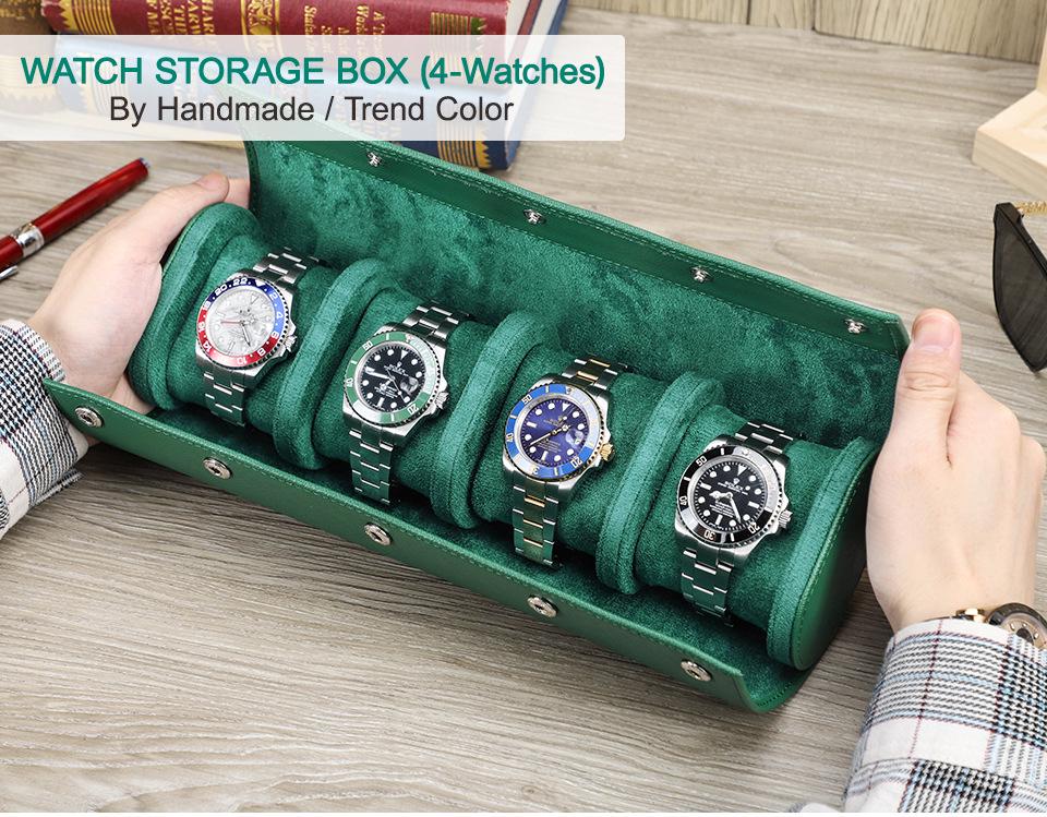 Four-Piece Genuine Leather Mechanical Wristwatch Set with Handmade Travel Storage Box