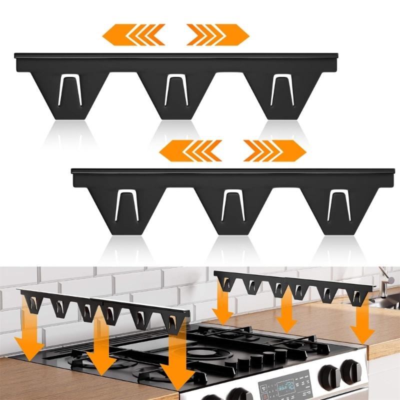 Kitchen Stove Crevice Covers in Stainless Steel with Spaced Support Tabs to Help Block Crumbs and Spills without Adhesive