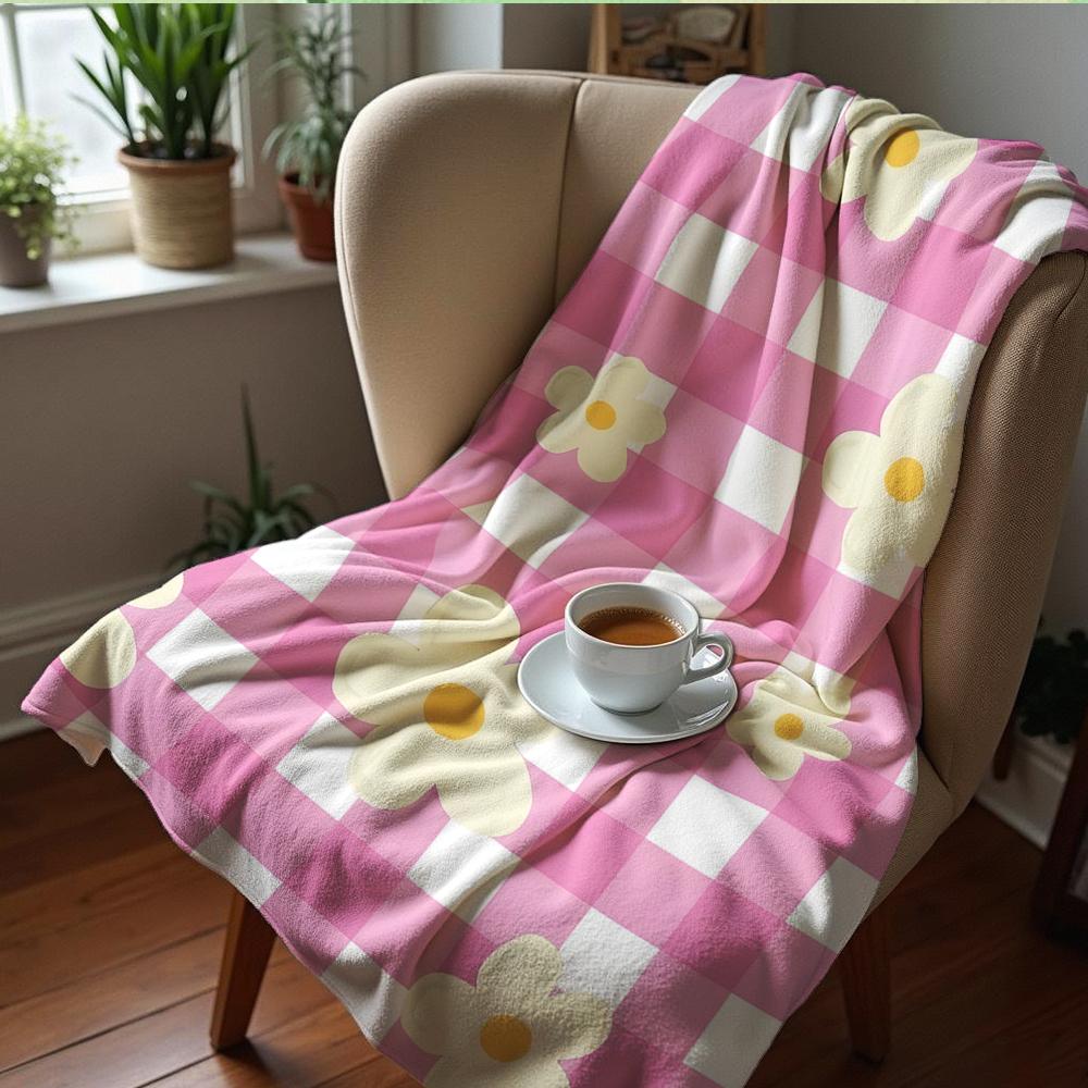 Gingham Cherry Bow Cartoon Anime Print Flannel Blanket Soft Warm Throw for Kids Bedroom Sofa Christmas Office Car