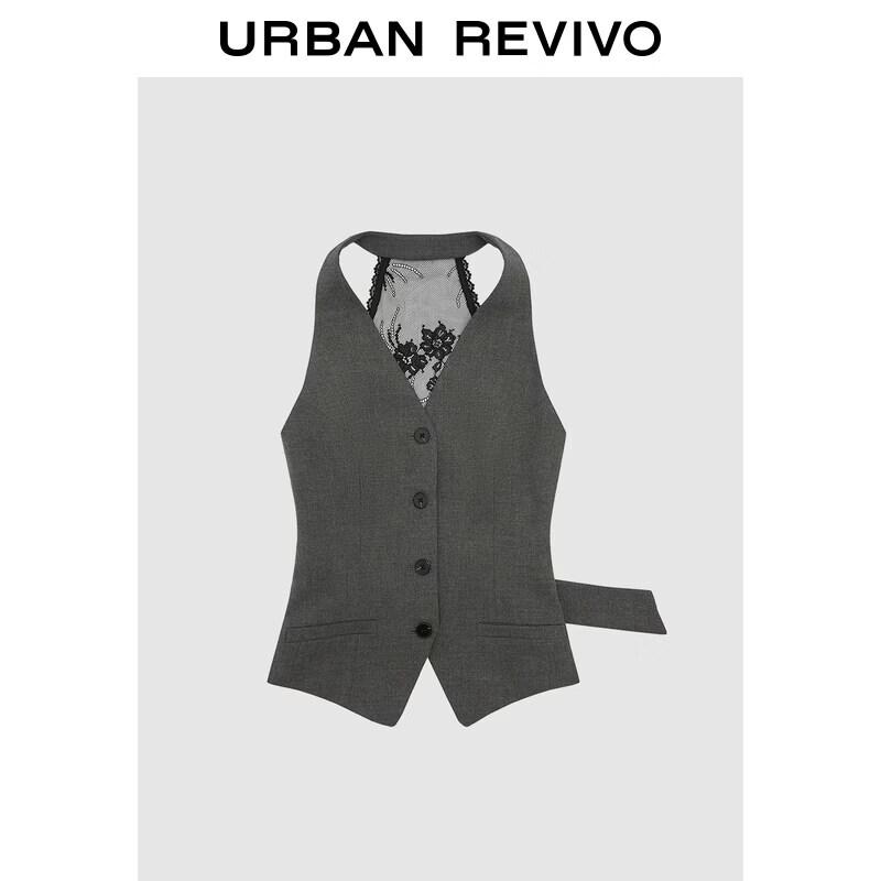 UR Women s Lace Patchwork Faux Two-Piece Buckle Vest M
