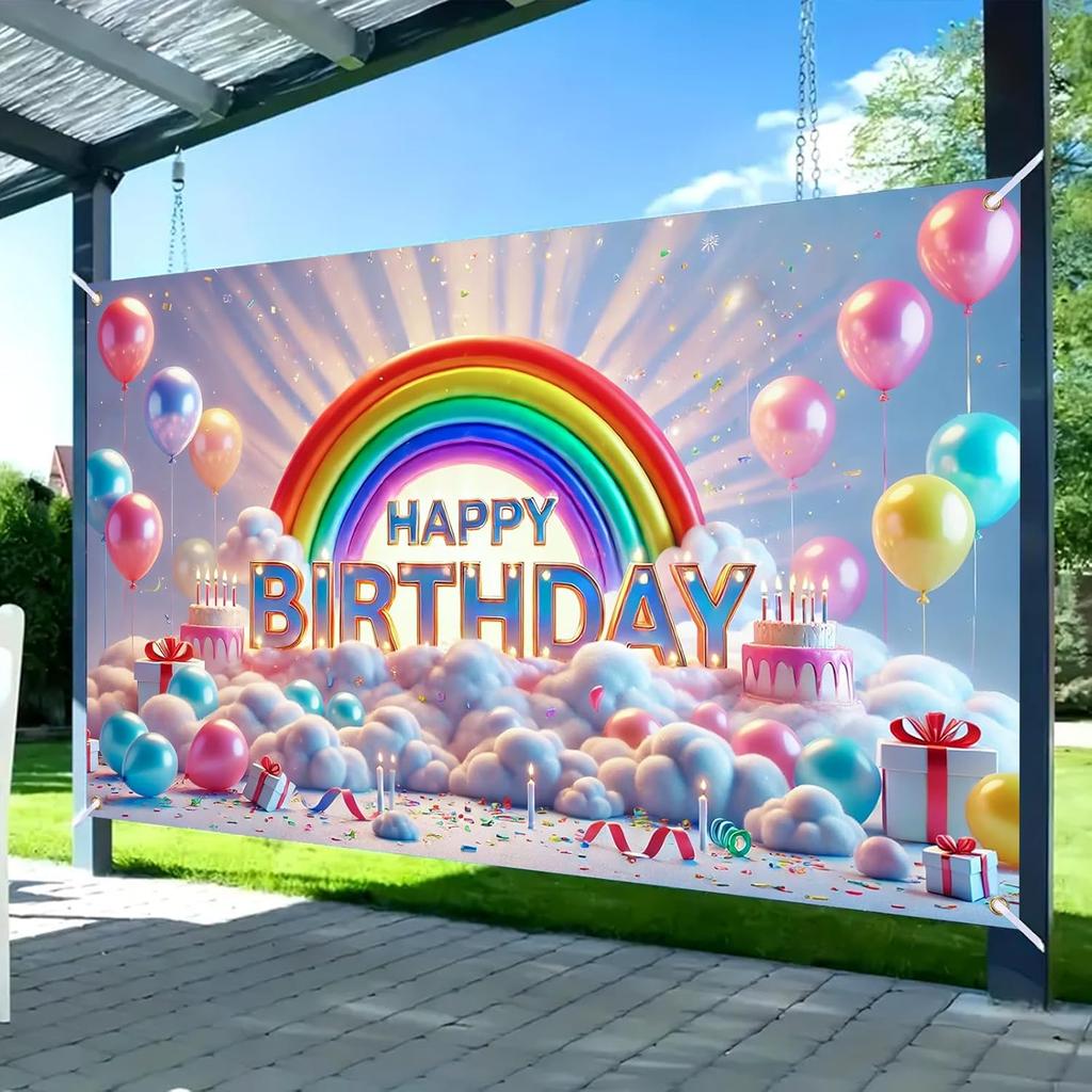 Nuxovilar Happy Birthday Banner - Large 71x43 Inch Pastel Rainbow Clouds Party Backdrop for Kids, Yard Sign, Birthday Decorations