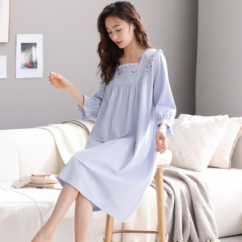 Damen Prinzessinnen-Stil Nachthemd Baumwolle Langarm Süßes Loungewear Kleid