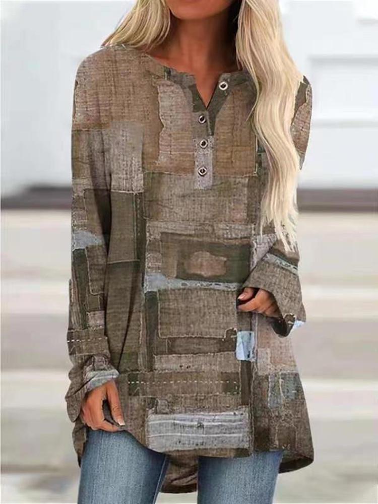 Women's Fashion Casual European American Style Digital Printed Loose Large Size Long Sleeve T-Shirt