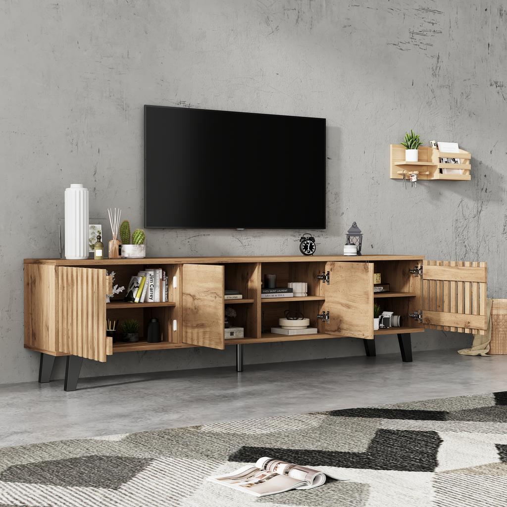 TV Cabinet (180×40×55 cm) and Sideboard (150×40×95 cm), Natural Wood – 8 Compartments, 6 Storage Compartments, Suitable for Living Room and Bedroom