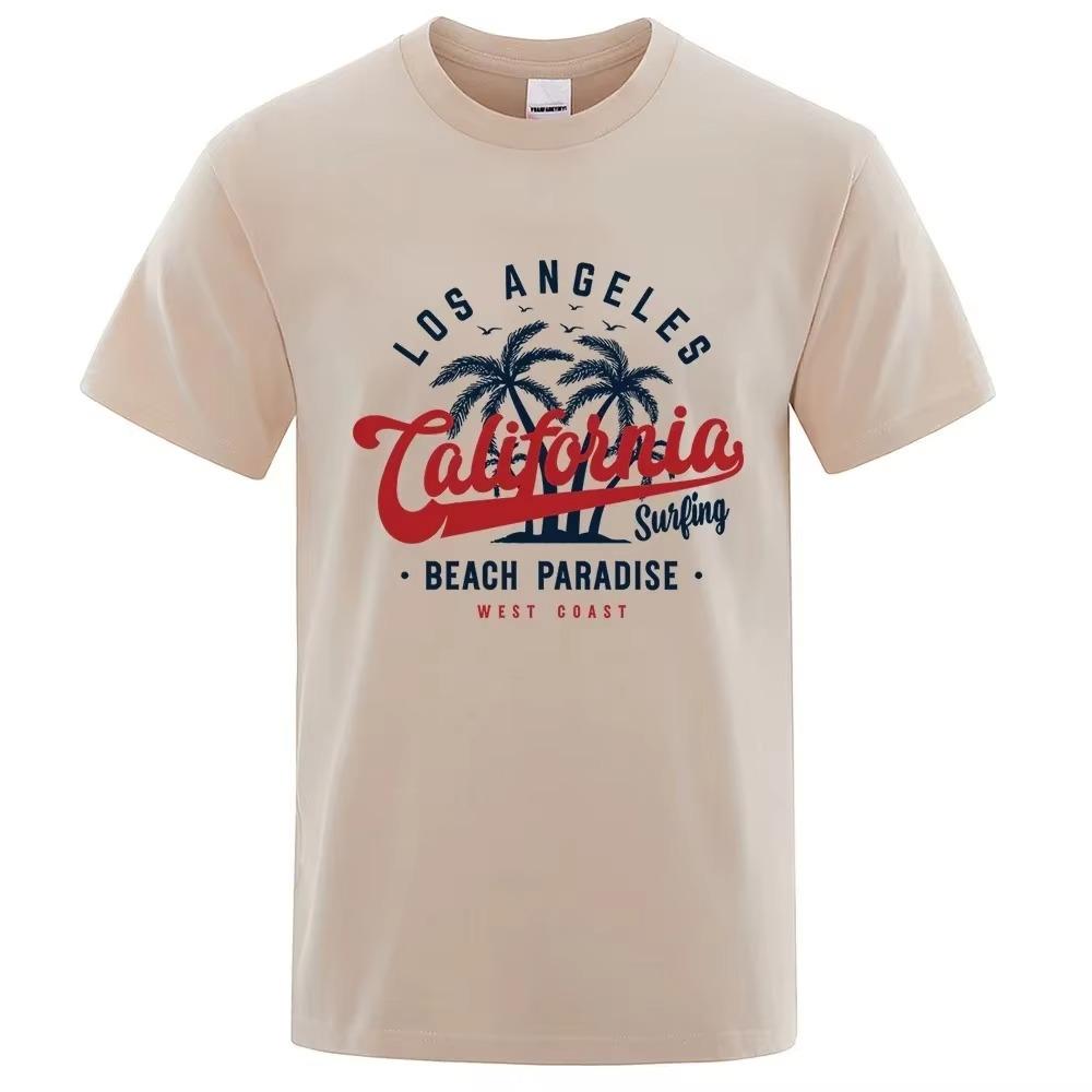 Camiseta de algodão gola redonda masculina, tops de verão, roupas respiráveis, Los Angeles California Beach Paradise Fashion