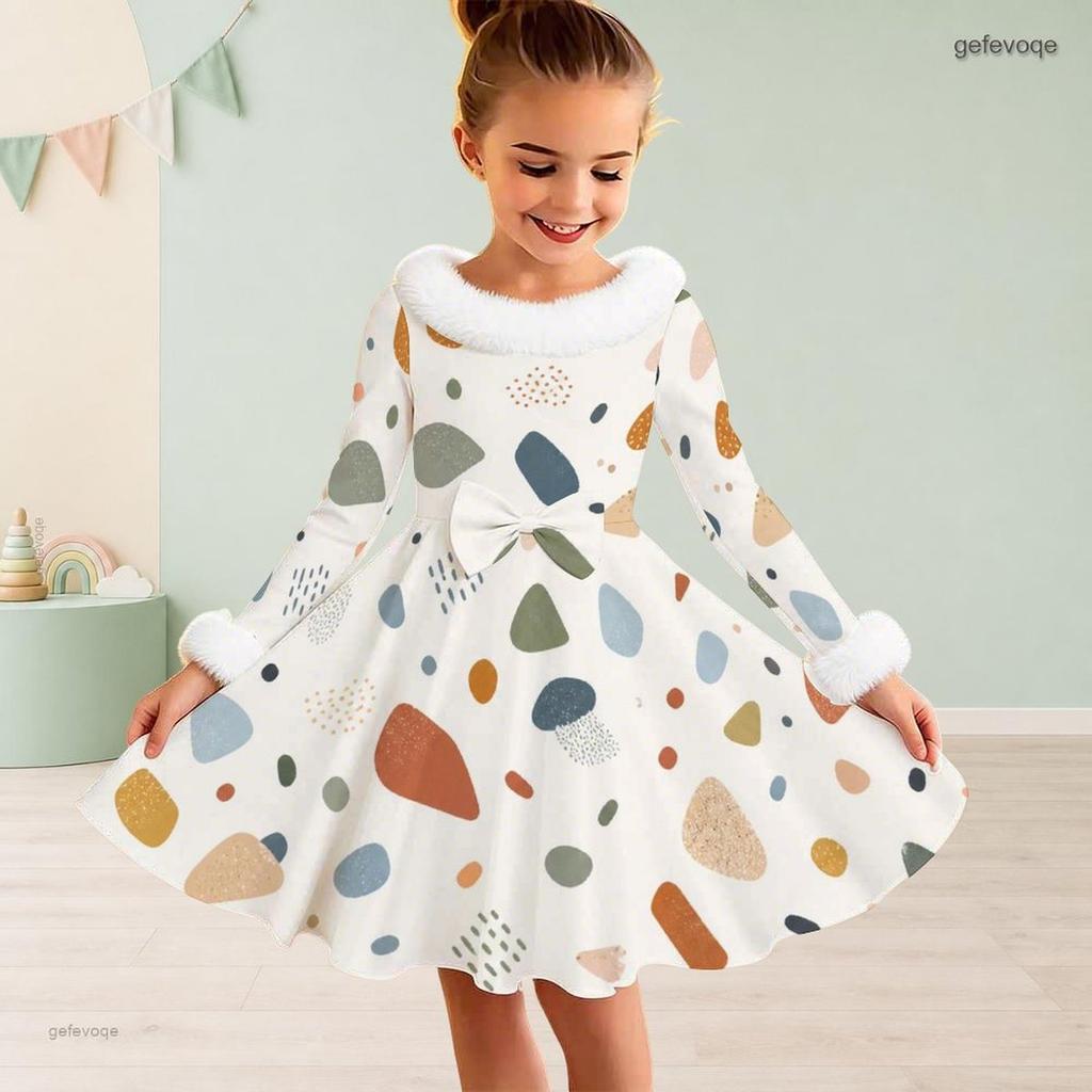 Girls Furry Trim Neck Cuffs Long Sleeve Waist Bow Printed A Line Flared Dress