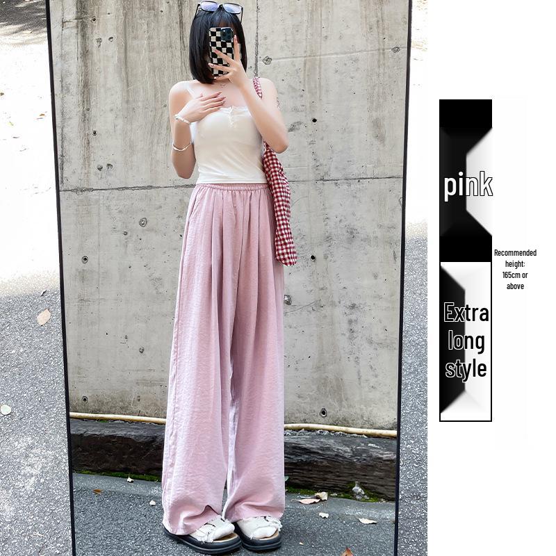 Women's Summer 2024 Ice Silk Wide-Leg Pants - White Textured Casual Petite Style