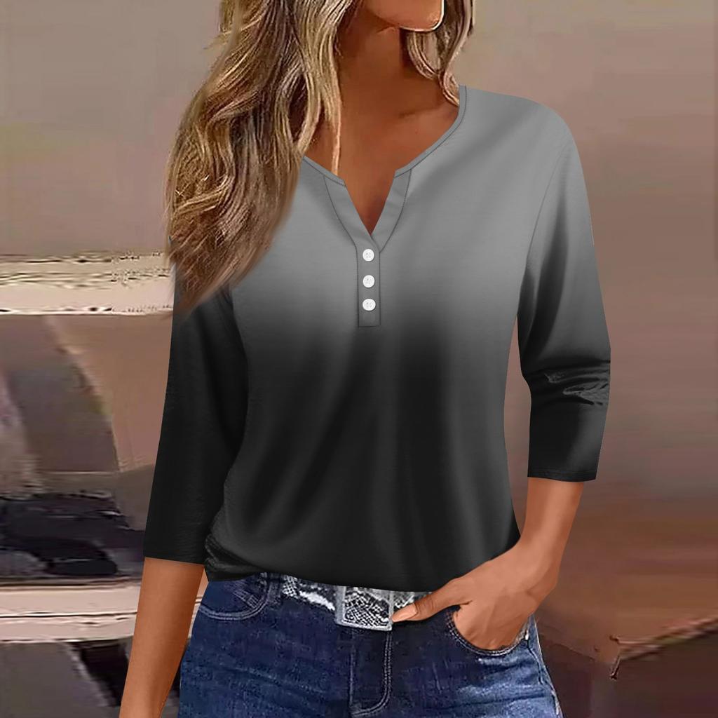 Women's T Shirt Tee Print Button  3/4 Sleeve Daily Weekend Fashion Basic V- Neck Regular Top