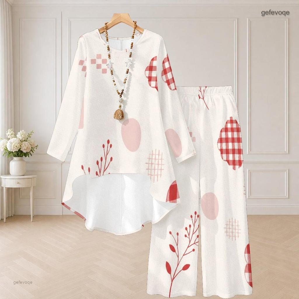 Women Plus Size Beige Brown Printed Round Neck Long Sleeve High Low Top Wide Leg Pants Two Piece Set