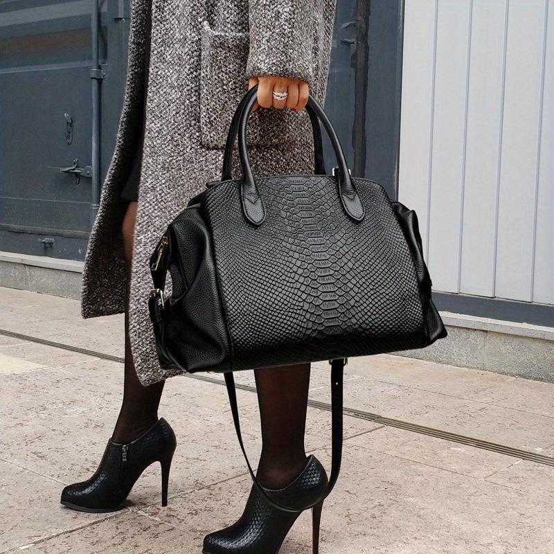 Women'S Crocodile Pattern Document Handbag Large Capacity Retro Multi-Partition Shoulder Messenger Bag