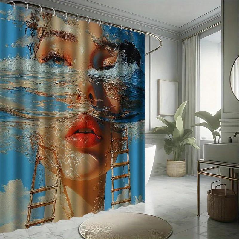 ~O~Art Portrait Shower Curtain Set, Abstract Art, Literary Style, 12 Hooks, Polyester, Bathtub Partition, Modern Bathroom Decor