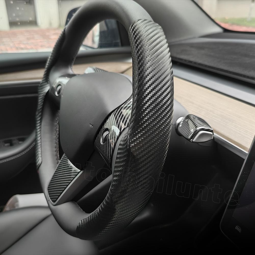 For Tesla Model 3 Model Y 2023 2022  Accessories Carbon Fiber Sticker Car Steering Wheel Cover Gear Shift Cover
