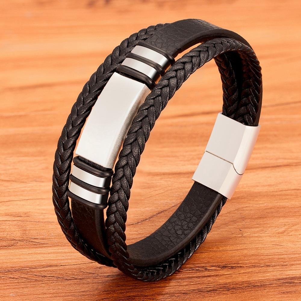Men's Multilayer Braided Leather Bracelet Stainless Steel Gold Bead Bar Magnetic Clasp Punk Wristband Male Jewelry Gift