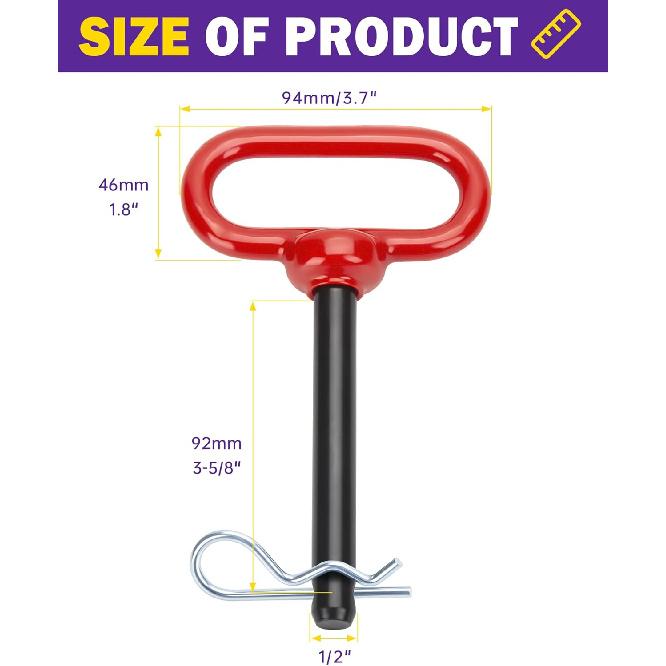 1/2 Inch Trailer Hitch Pin And Clip, 1/2" X 4" Tow Hitch Pin Rubber Coated Red Handle Pin For Tractors, Towing, Lawn Mower, Golf Cart And ATV, Heavy