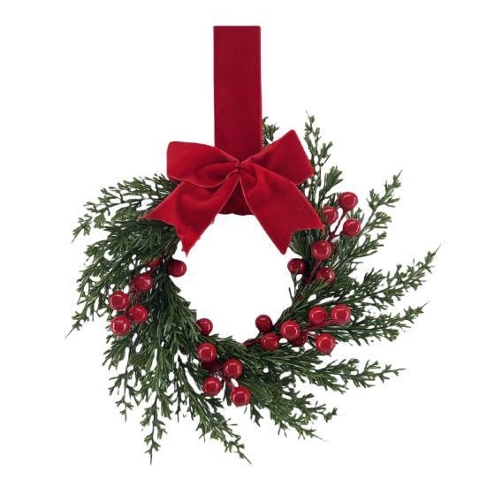 Artificial Christmas Wreath for Front Door 10 Inch Winter Greenery Wreath with Red Berries And Velvet Bow for Farmhouse Porch Wall Fireplace Decor