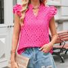 Women European Style Casual Summer Hollow Out Embroidery Flounce Sleeve V Neck Shirt