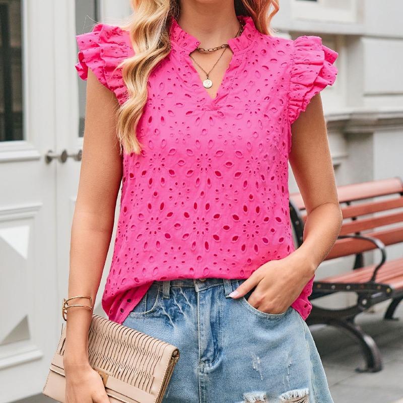 Women European Style Casual Summer Hollow Out Embroidery Flounce Sleeve V Neck Shirt
