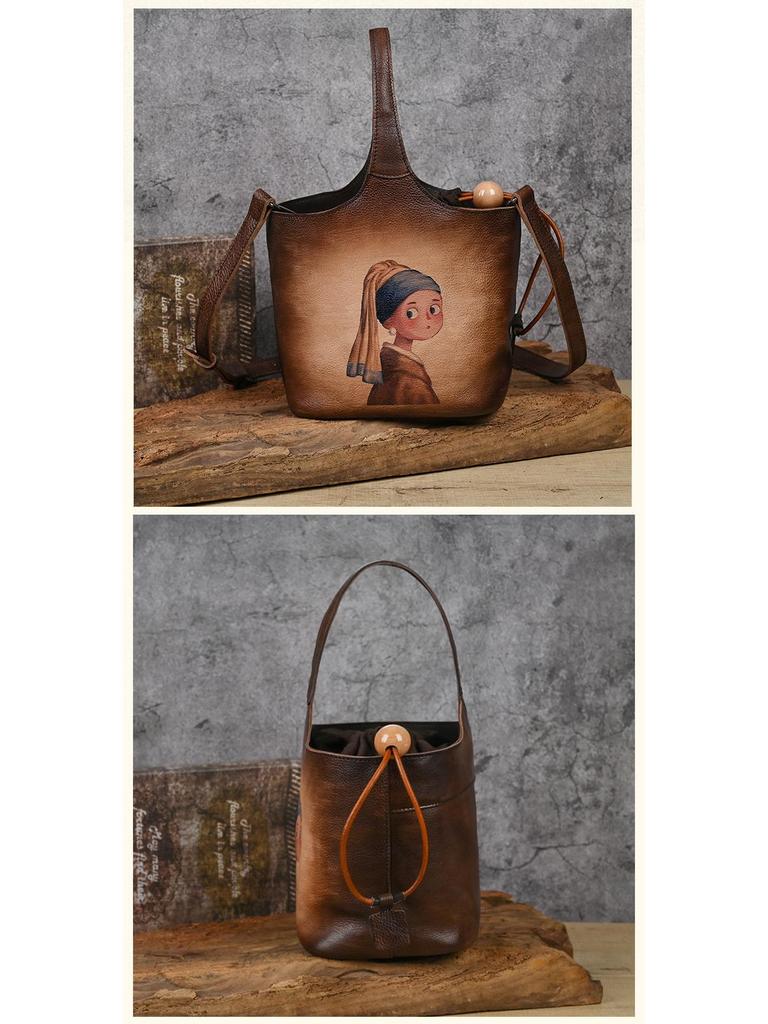 Vintage Floral Print Handmade Cowhide Leather Bucket Bag