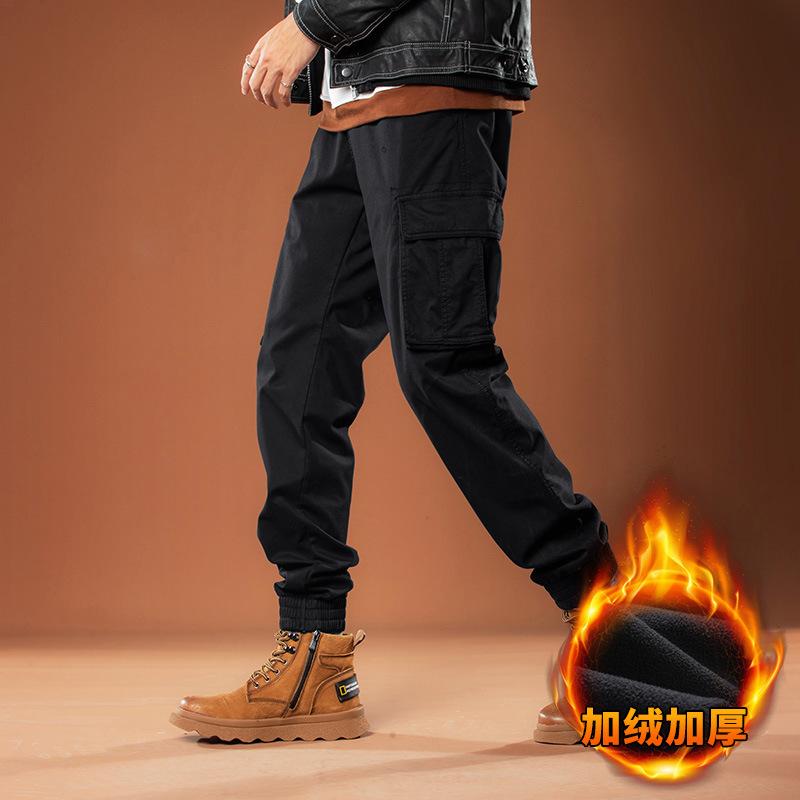 New Velvet Casual Pants Tied Feet Trendy Overalls Men's Handsome Multi-pocket Pants