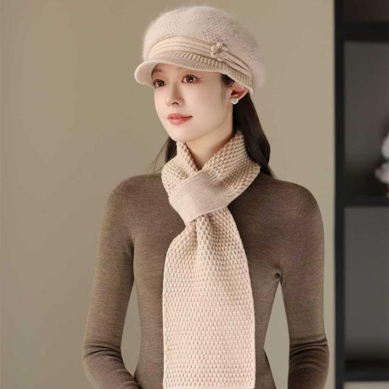 

Новый женский модный зимний теплый костюм с цветочным дизайном, плюшевая подкладка из искусственного меха, теплые шапки для женщин, повседневная вязаная шапка из смесовой кроличьей шерсти для улицы Set（56cm-60cm） бежевый