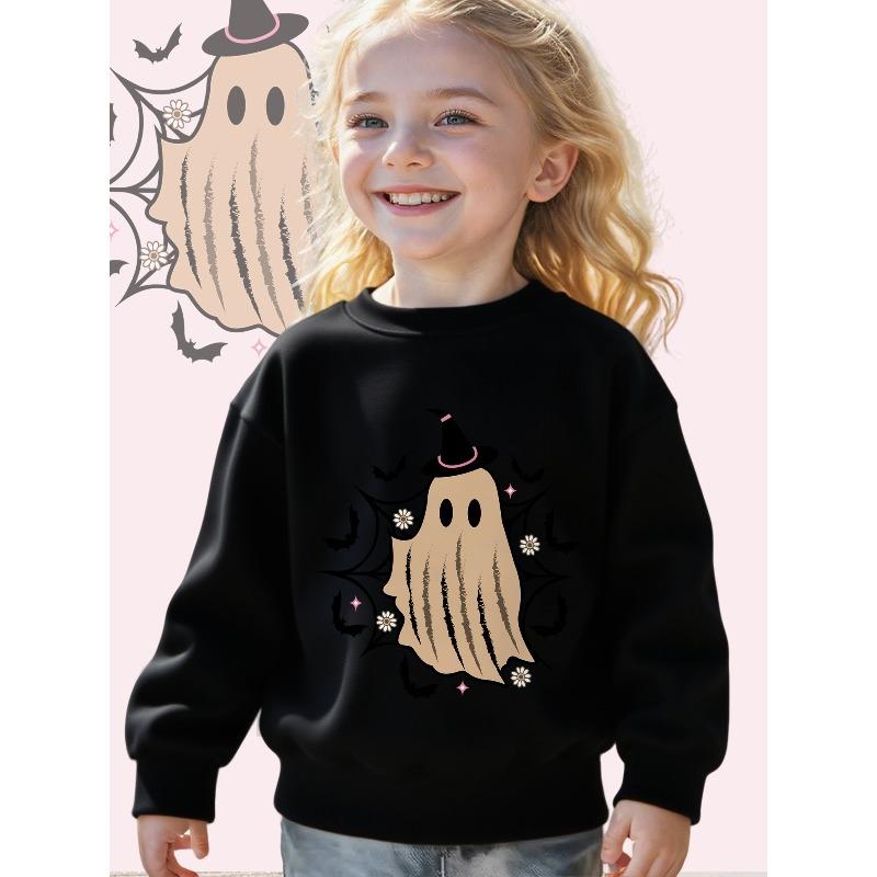 Kids Crewneck Sweatshirt, Cute Witch Hat Spooky Graphic Print, Soft Loose Fit Long Sleeve Pullover